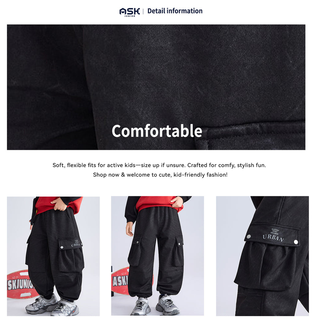 Boys Vintage Washed Integrated Fleece Loose Pants, Casual Warm Kids Pants for Fall Winter
