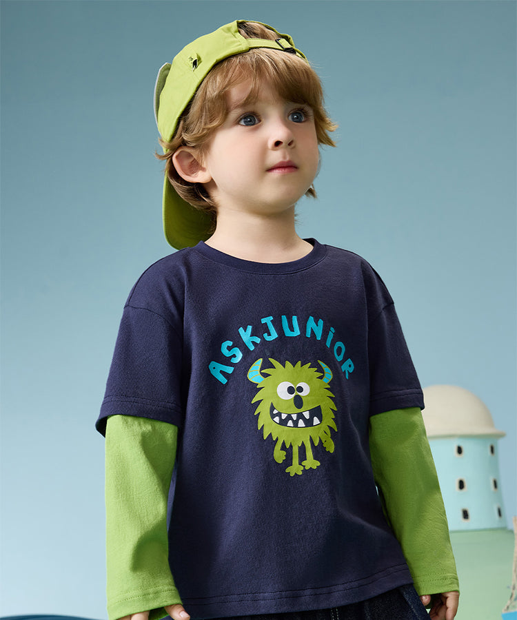 100% Cotton Kids Long Sleeve Top | Faux Layered Monster Print T-Shirt