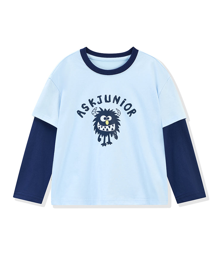 100% Cotton Kids Long Sleeve Top | Faux Layered Monster Print T-Shirt