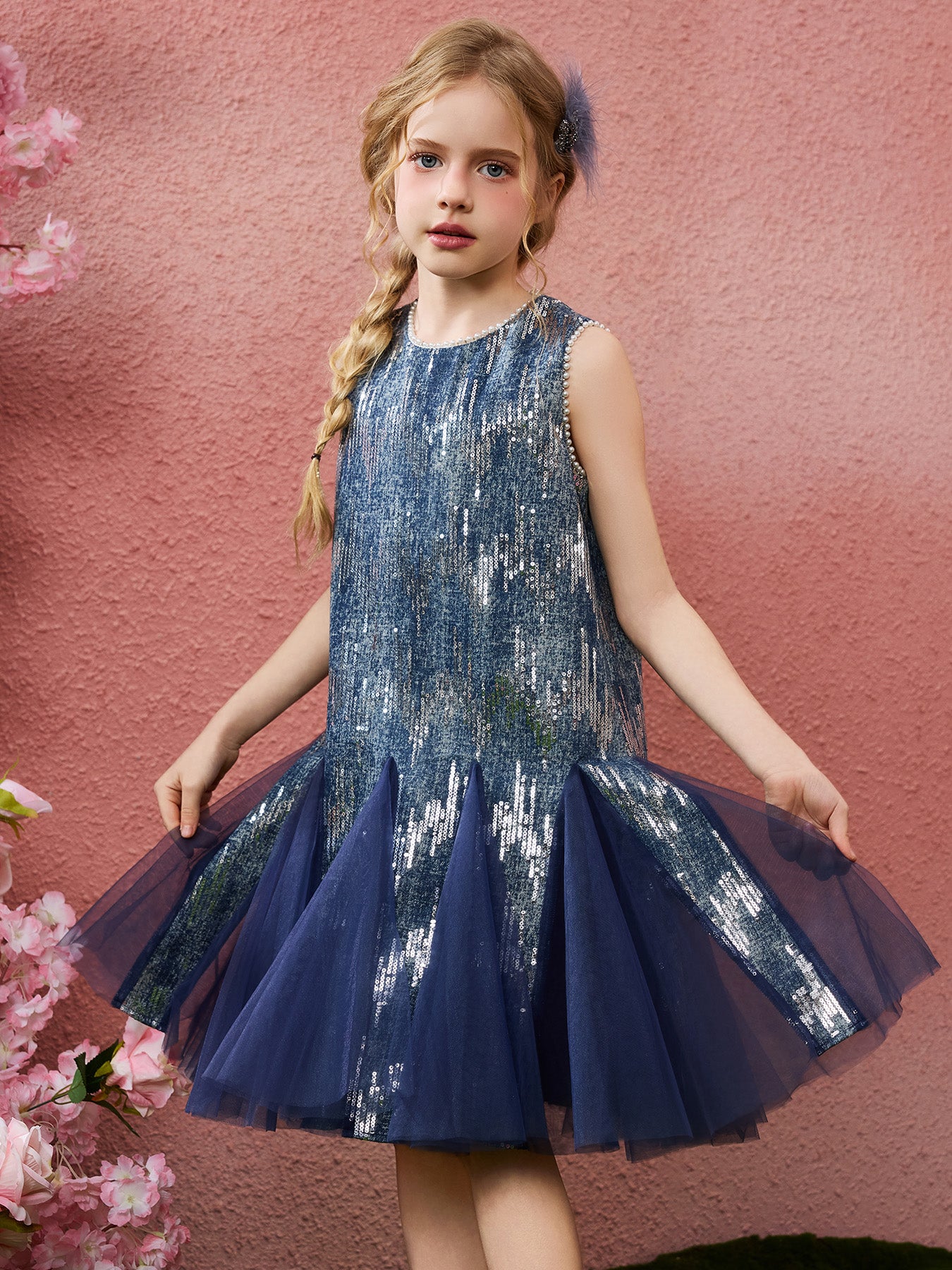 Mermaid Tulle Sequin Denim Kids Dress Sleeveless Casual Princess Dress
