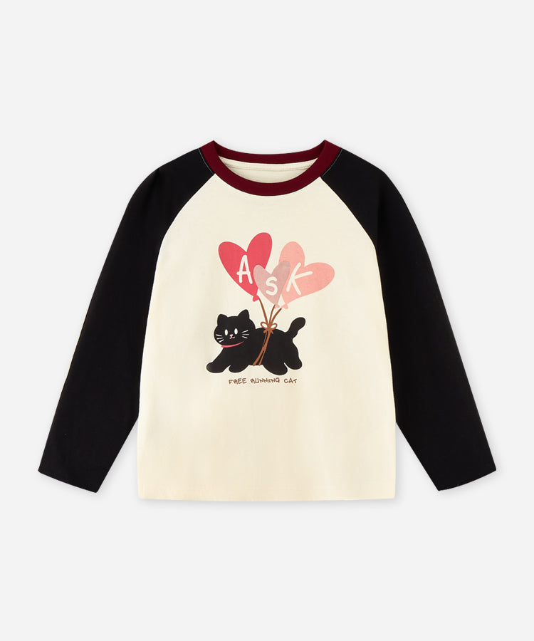 100% Cotton Kids Long Sleeve Top | Raglan Sleeve Cat Print T-Shirt