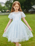 Soft Mesh Shawl Sleeve Kids Dress Girls Sequin Embroidery Princess Casual Party Dress