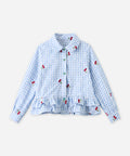 Cute Cherry Plaid Kids Girls Tops, Ruffled Hem Casual Loose Blouse