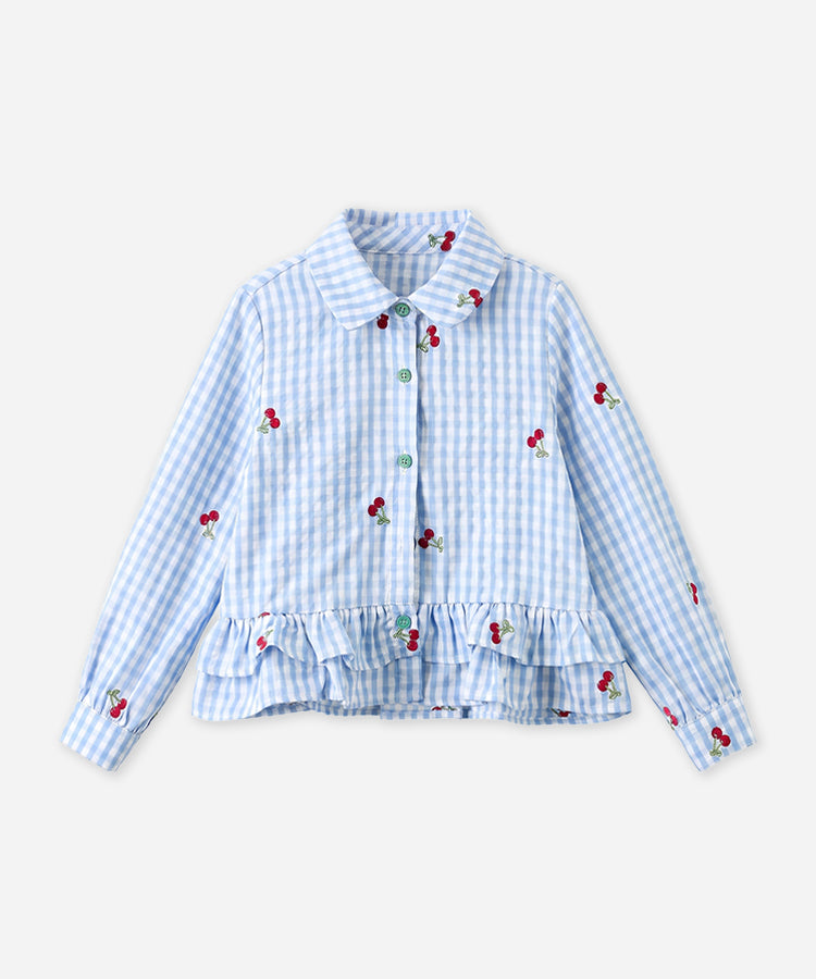 Joli Haut pour Enfants Filles à Carreaux Cerises, Blouse Ample Décontractée à Volants