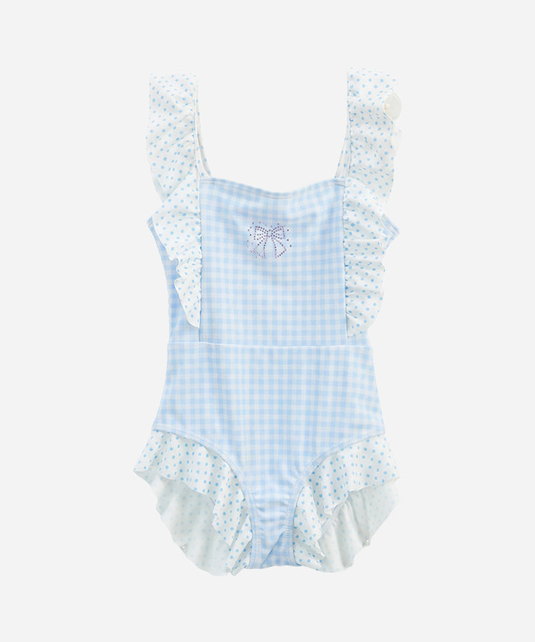 Polka Dot & Checkerboard Color Block One Piece Kids Girls Swimsuit