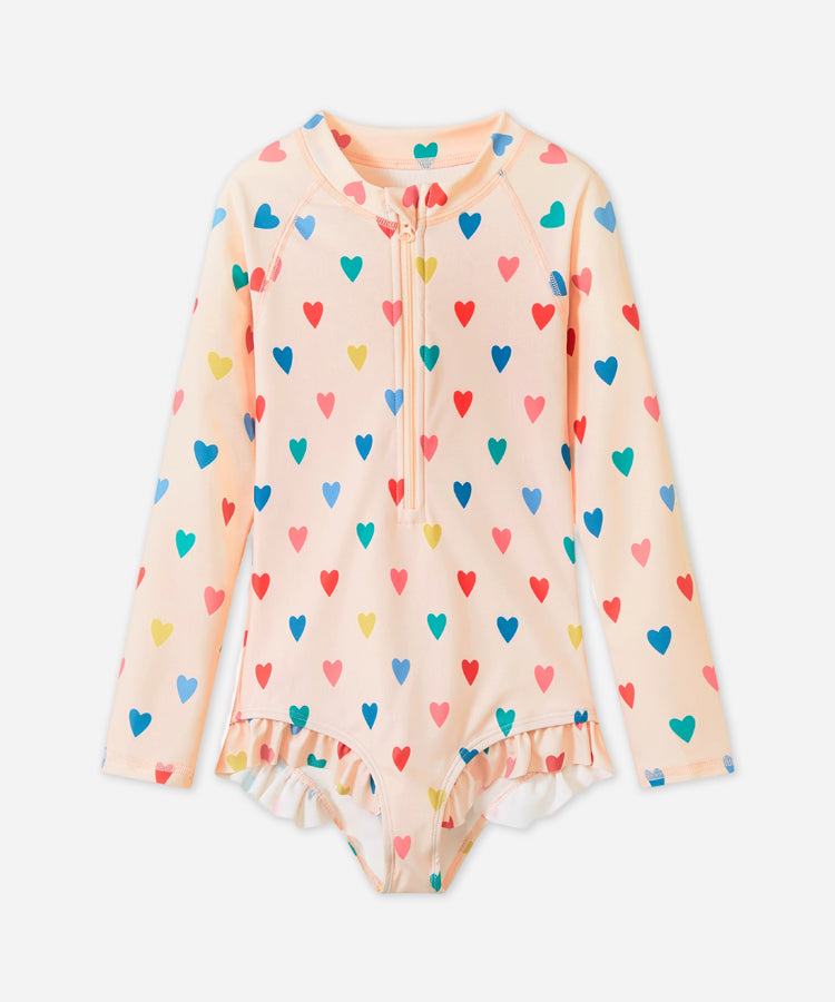 Kids Girls Long Sleeve Zipper One Piece Swimsuit With Swim Cap