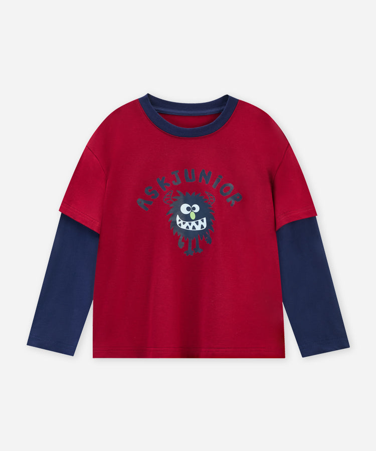100% Cotton Kids Long Sleeve Top | Faux Layered Monster Print T-Shirt