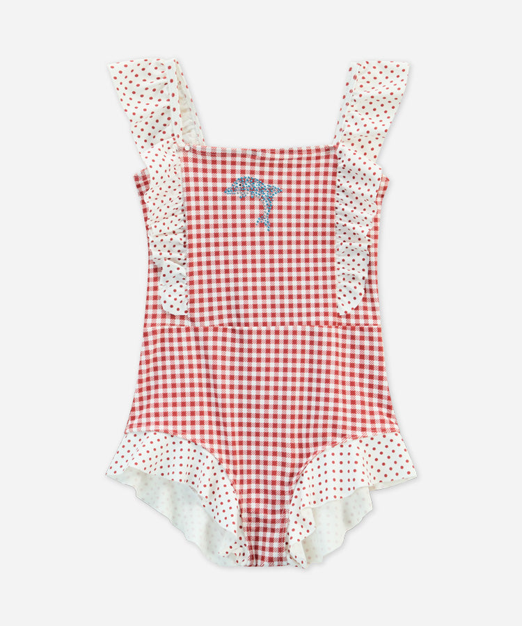 Polka Dot & Checkerboard Color Block One Piece Kids Girls Swimsuit