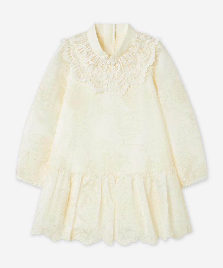 Kinderkleid mit langen Ärmeln aus Spitze und Jacquard