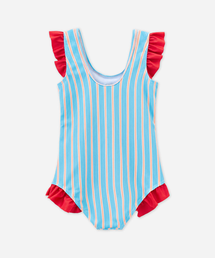 Red Blue Color Block Sleeveless One Piece Kids Girls Swimsuit with Matching Swim Cap