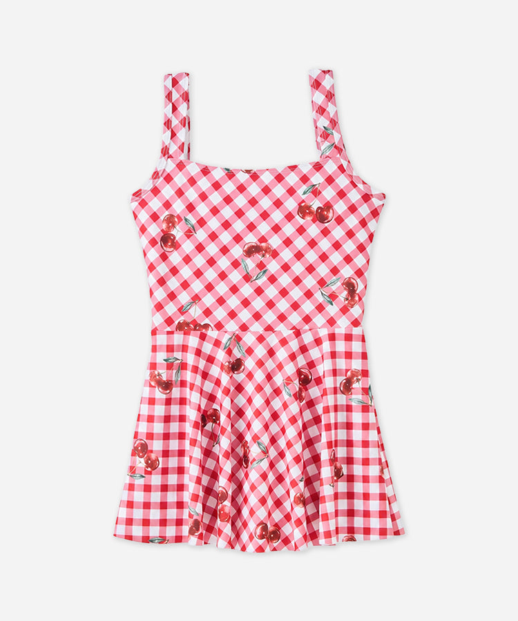 Cherry Print Cami One-Piece Kids Girls Swim Dress With Swim Cap