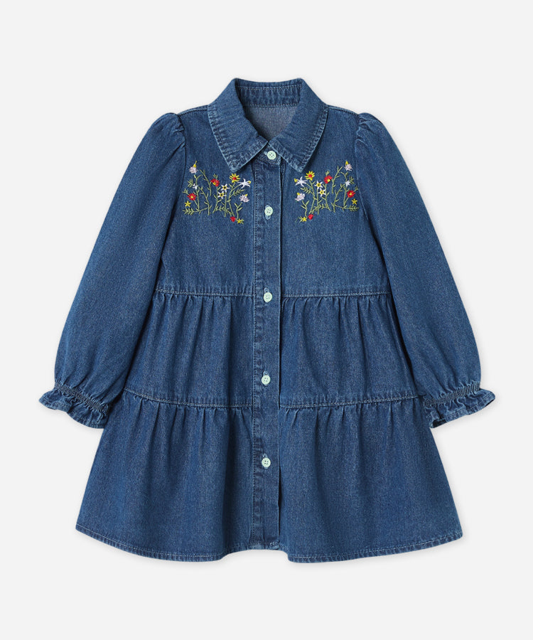 Dark Blue Ruffle Hem Denim Kids Dress