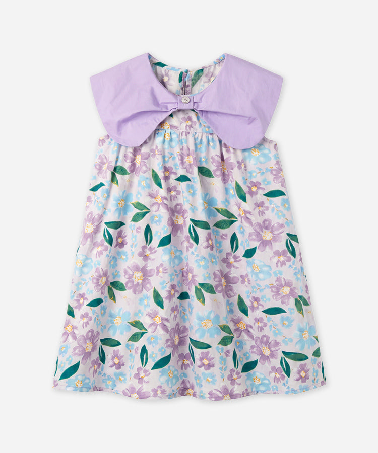 Big Lapel Full Floral Print Kids Dress 100% Cotton Sweet Sleeveless Girls Dress