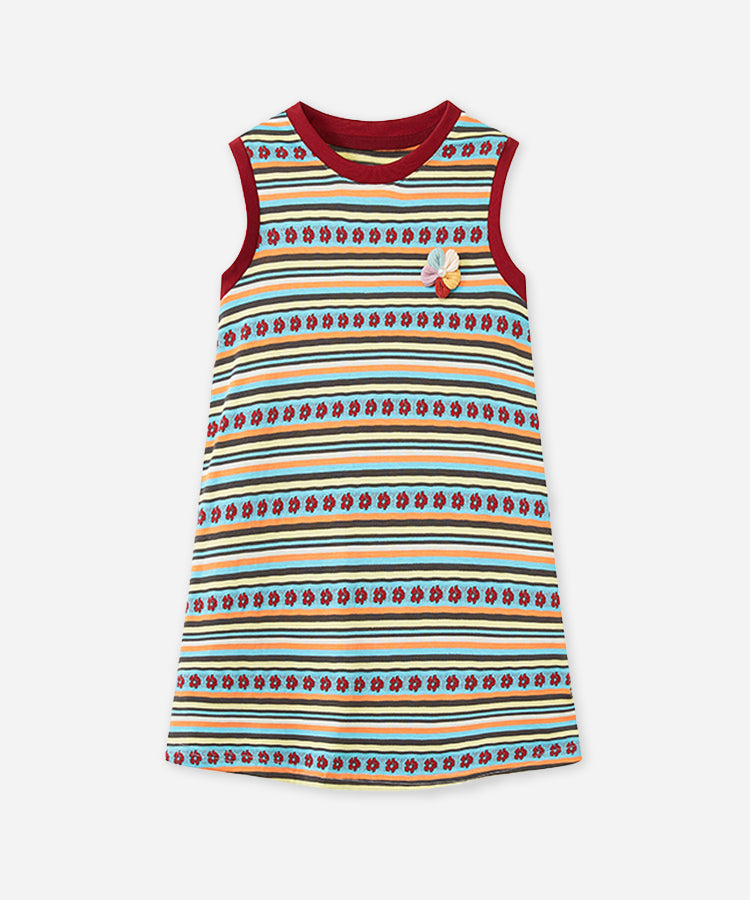 Rainbow Color Block Kids Dress 3D Flower Sleeveless Girls Casual Dress