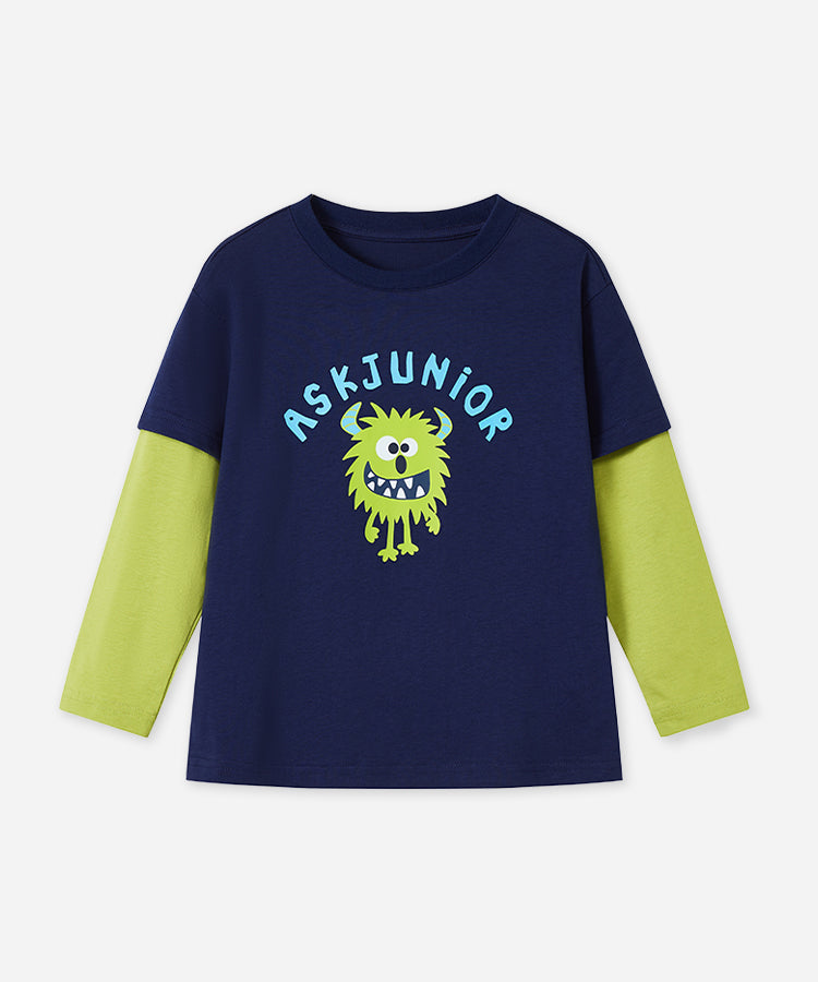 100% Cotton Kids Long Sleeve Top | Faux Layered Monster Print T-Shirt