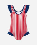 Red Blue Color Block Sleeveless One Piece Kids Girls Swimsuit with Matching Swim Cap