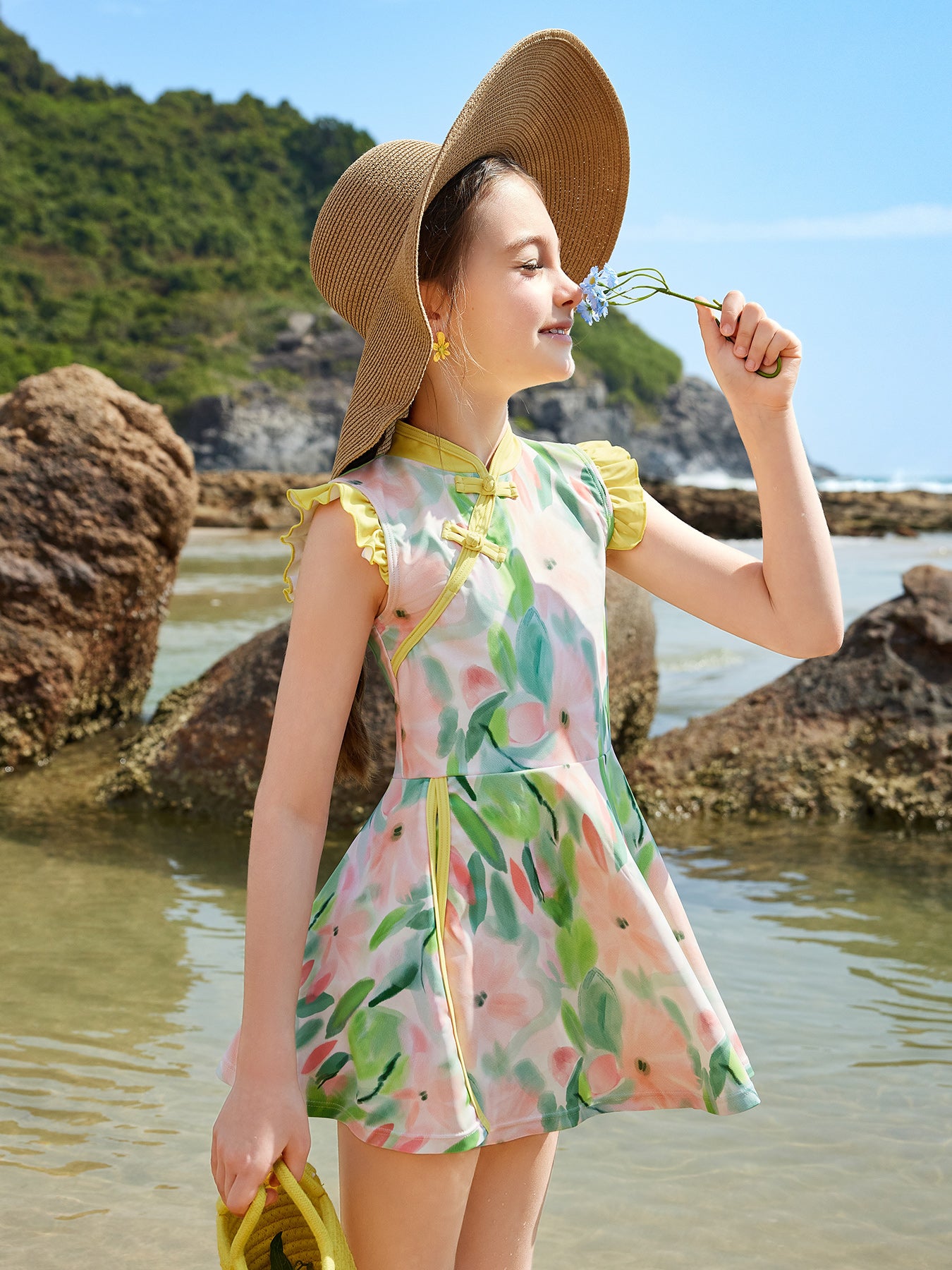 Kids Girls Swimwear Cheongsam 2-Piece Swim Dress and Short Set With Swim Cap