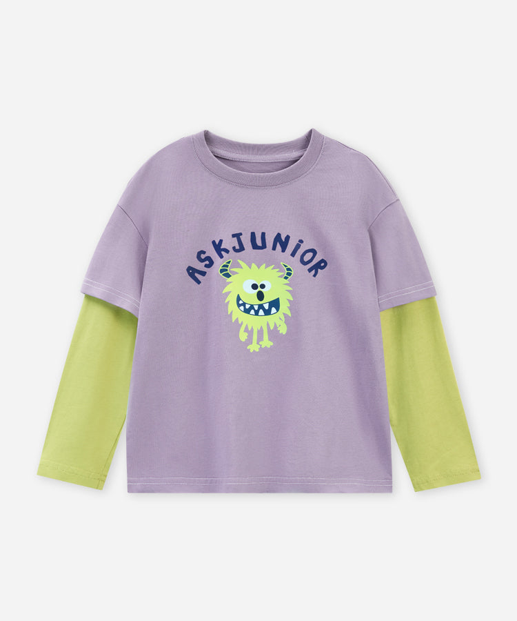100% Cotton Kids Long Sleeve Top | Faux Layered Monster Print T-Shirt