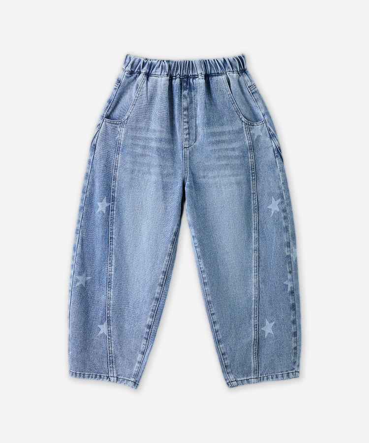 Boys Washed Denim Jeans | Star Print Curved Leg Pants for Kids