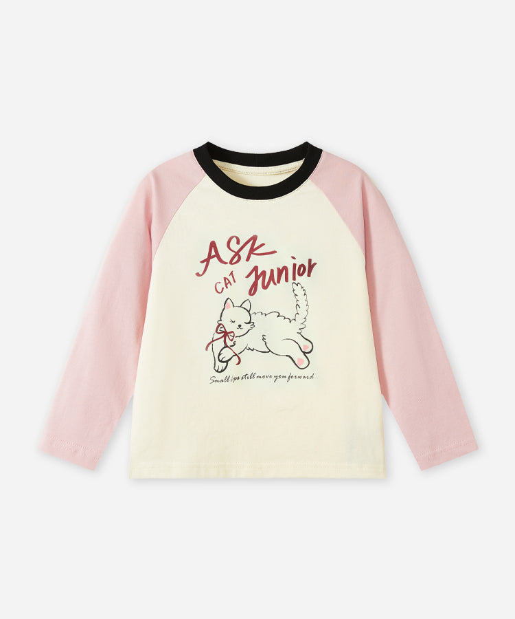 100% Cotton Kids Long Sleeve Top | Raglan Sleeve Cat Print T-Shirt | Soft Kids Clothes