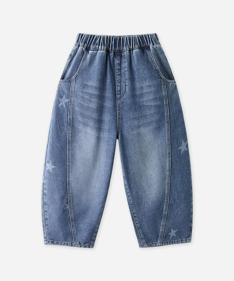 Boys Washed Denim Jeans | Star Print Curved Leg Pants for Kids