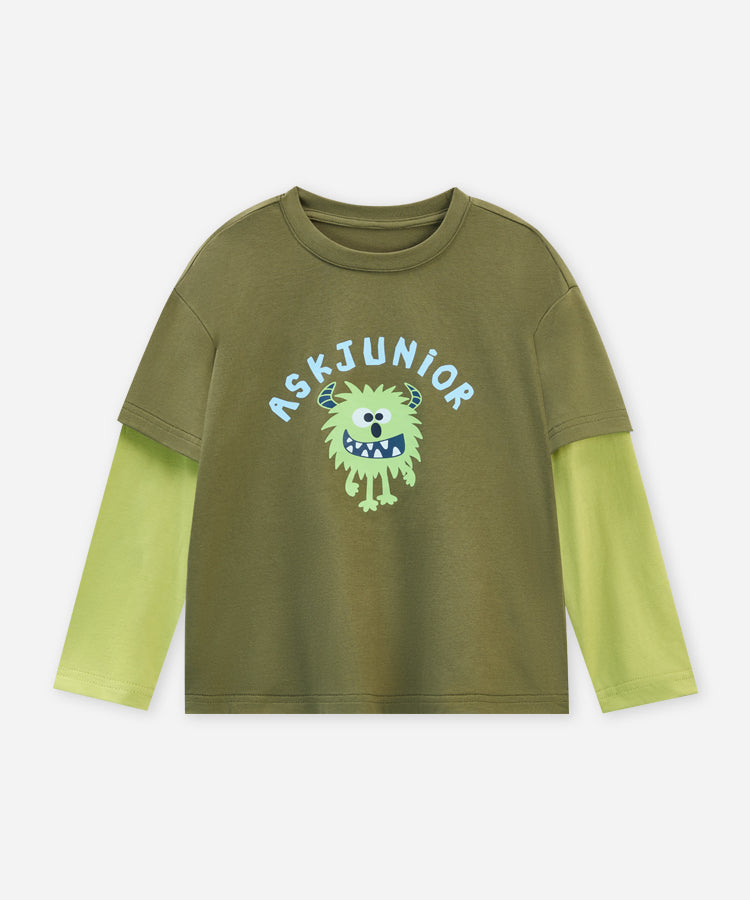 100% Cotton Kids Long Sleeve Top | Faux Layered Monster Print T-Shirt