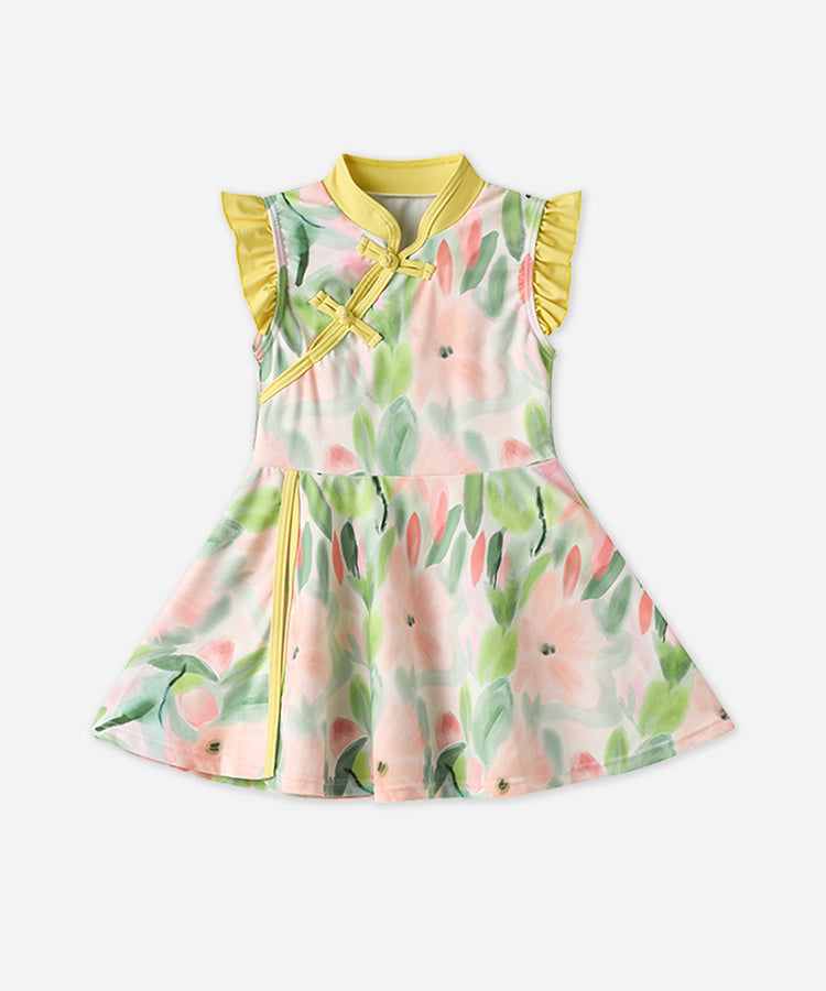 Kinder Mädchen Bademode Cheongsam 2-teiliges Badekleid und Short Set mit Badekappe