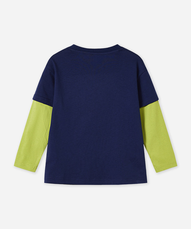 100% Cotton Kids Long Sleeve Top | Faux Layered Monster Print T-Shirt