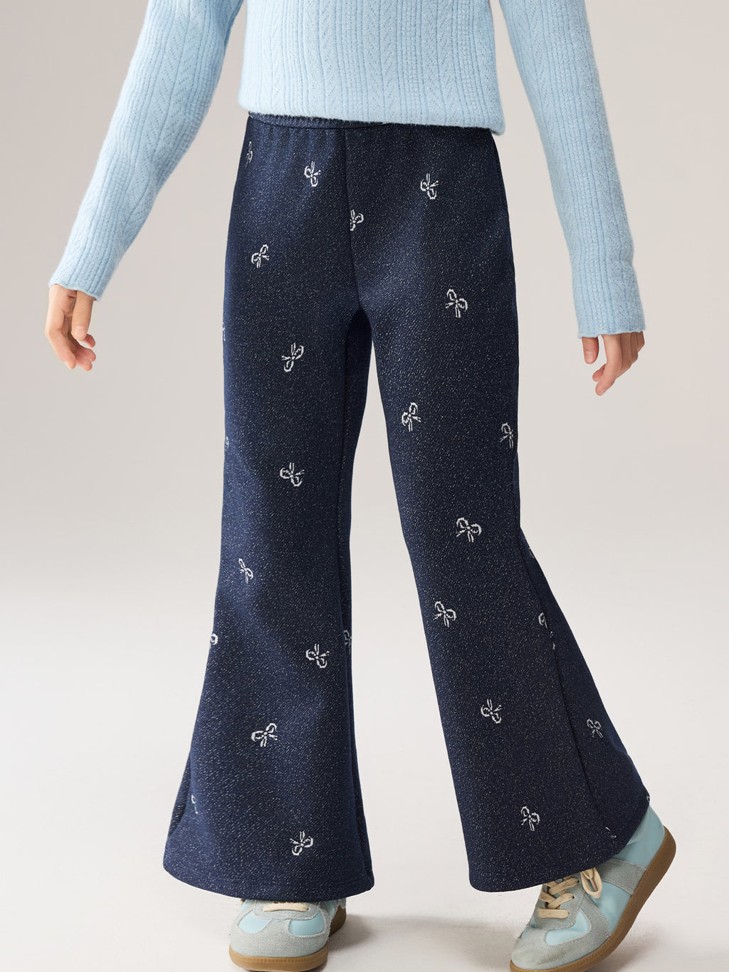 Girls Fleece-lined Jacquard Slight-flare Jeans Knit Trousers