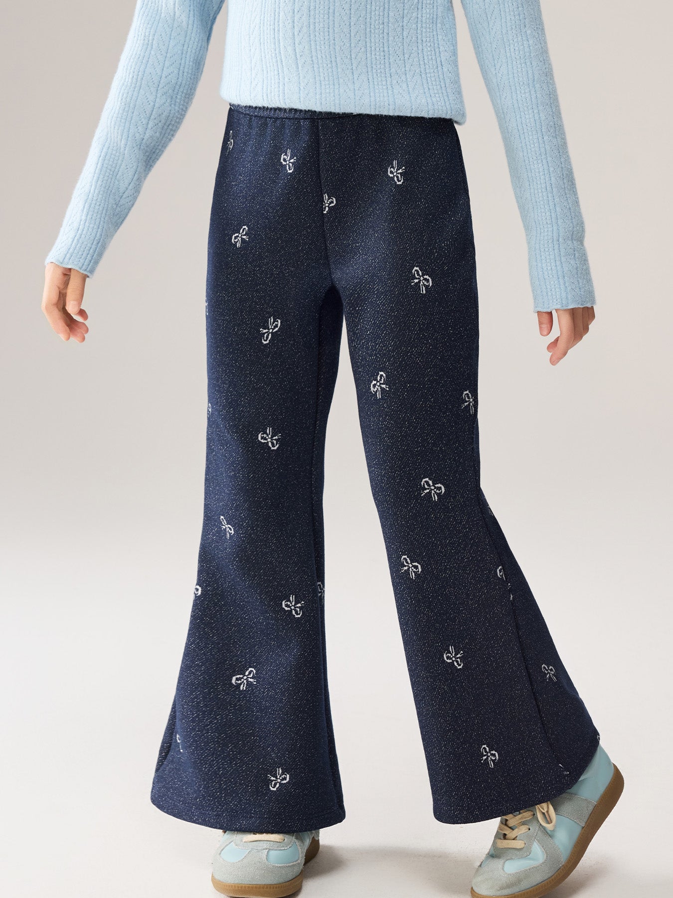 Girls Fleece-lined Jacquard Slight-flare Jeans Knit Trousers