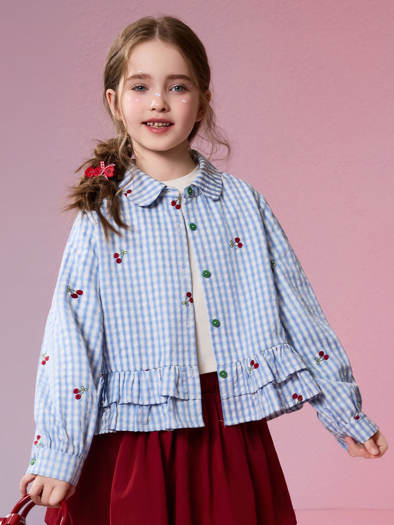 Joli Haut pour Enfants Filles à Carreaux Cerises, Blouse Ample Décontractée à Volants