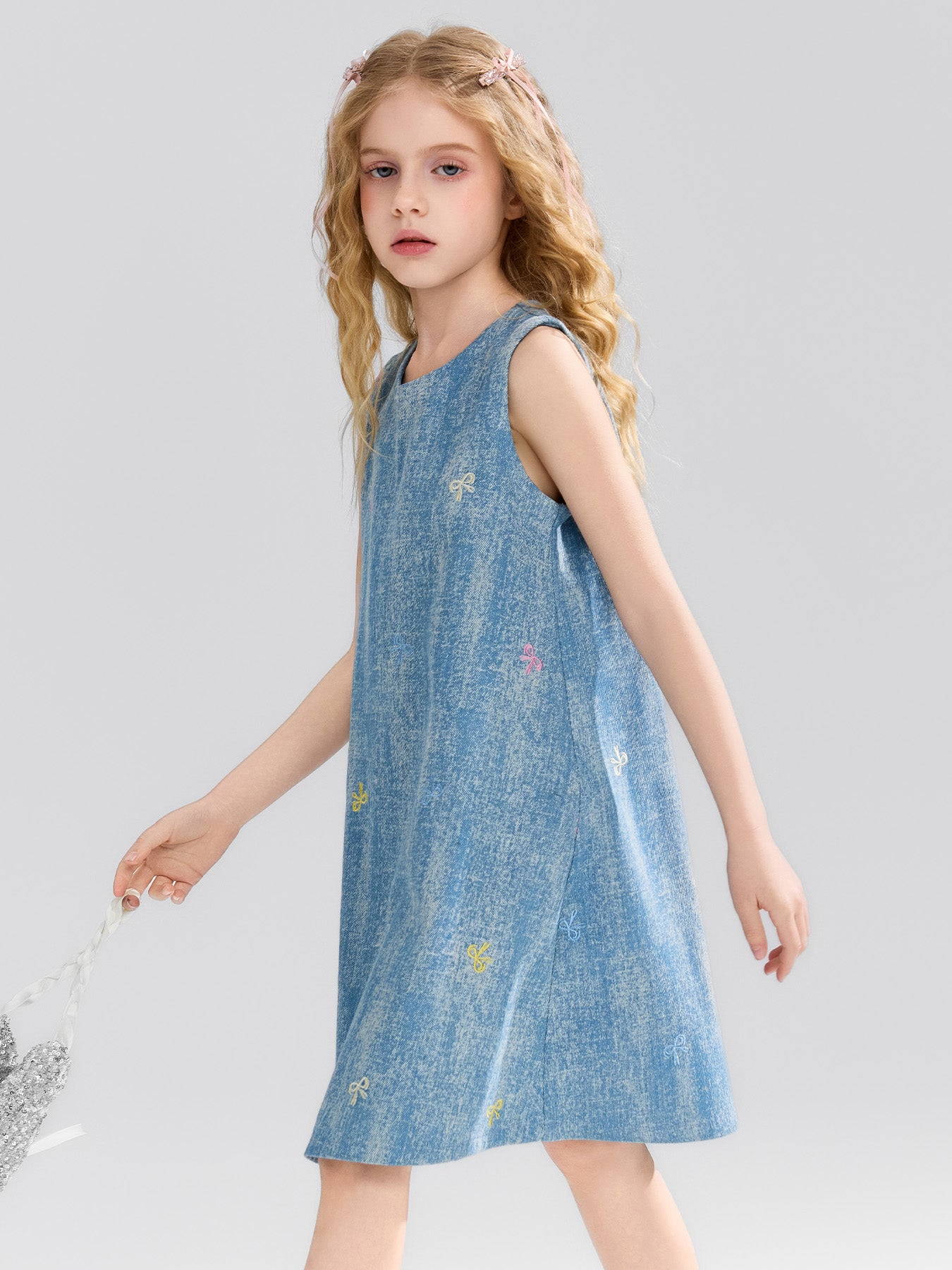 Washed Denim Kids Dress A-Line Sleeveless Casual Girls Fashion Dress