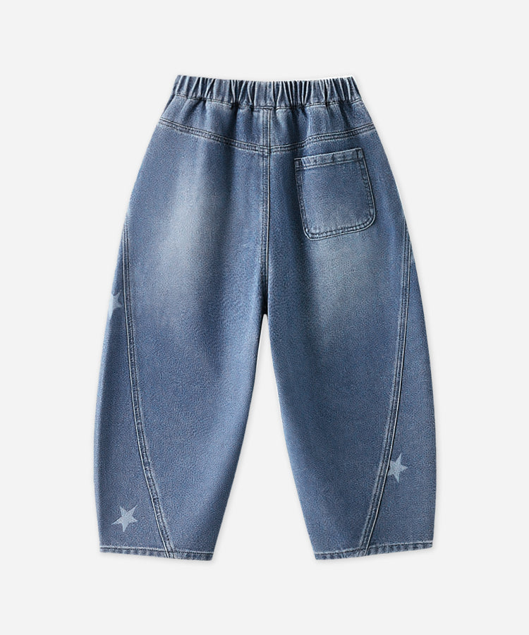 Boys Washed Denim Jeans | Star Print Curved Leg Pants for Kids