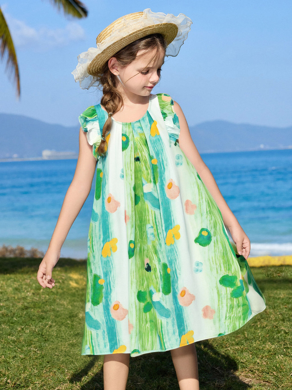 Graffiti Print Fly Sleeve Kids Dress 100% Cotton Casual Girls Dress