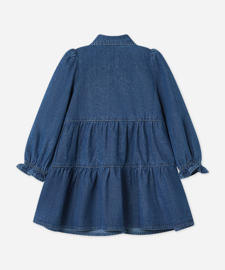 Dark Blue Ruffle Hem Denim Kids Dress