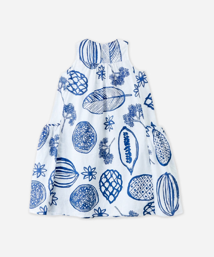 100% Cotton Plant Print Kids Dress Pleated Pocket Casual Girls Dress