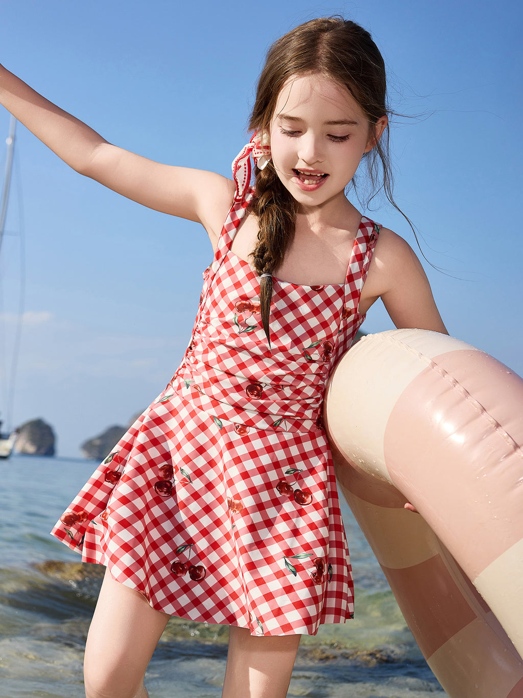Cherry Print Cami One-Piece Kids Girls Swim Dress With Swim Cap