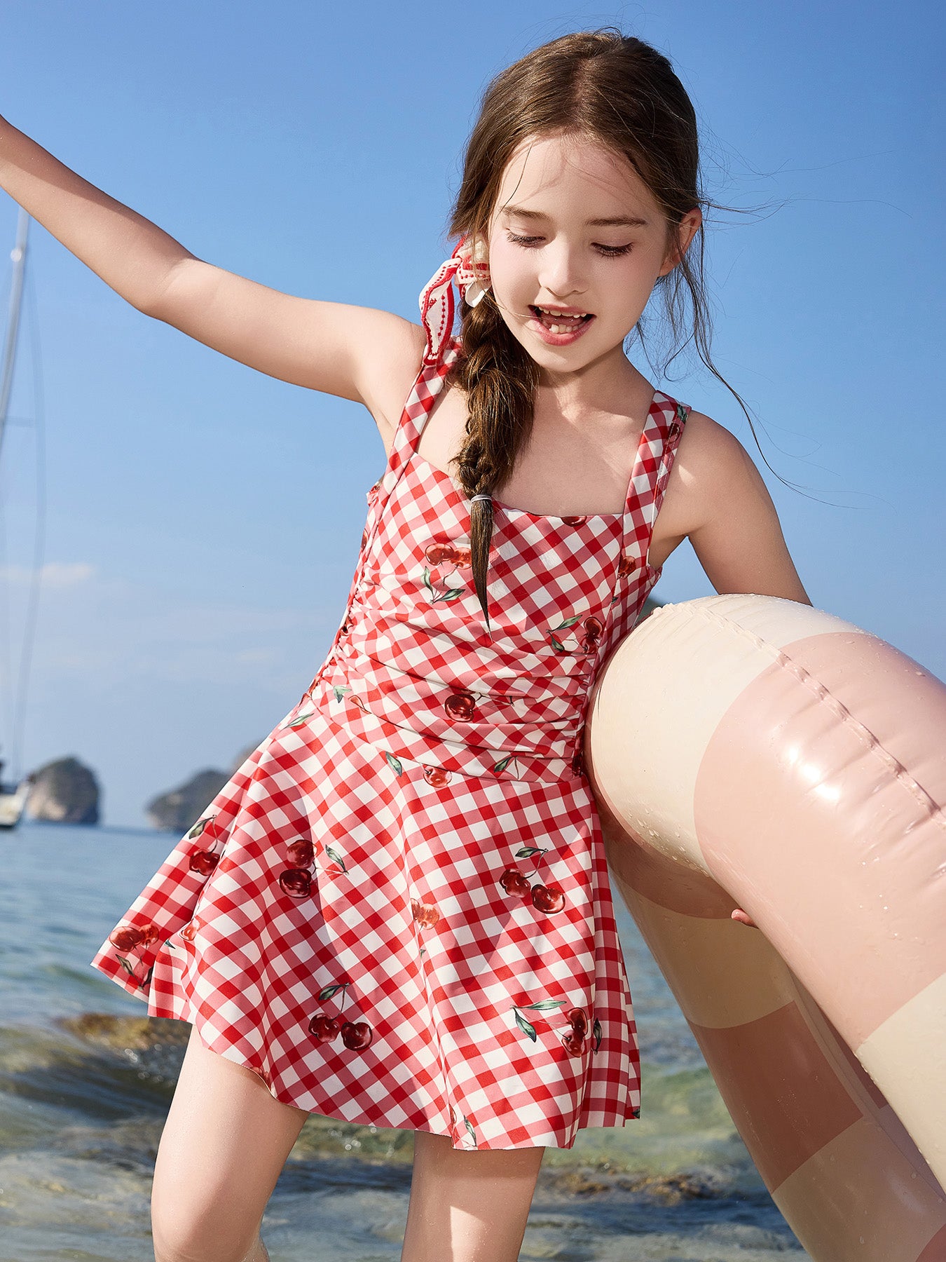 Cherry Print Cami One-Piece Kids Girls Swim Dress With Swim Cap