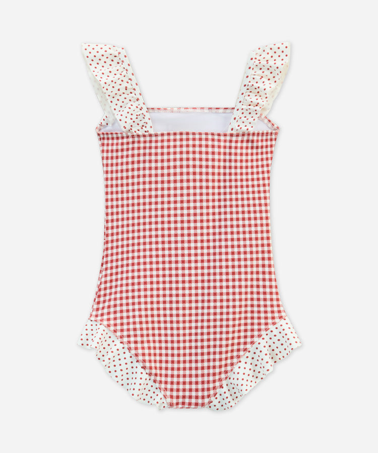Polka Dot & Checkerboard Color Block One Piece Kids Girls Swimsuit