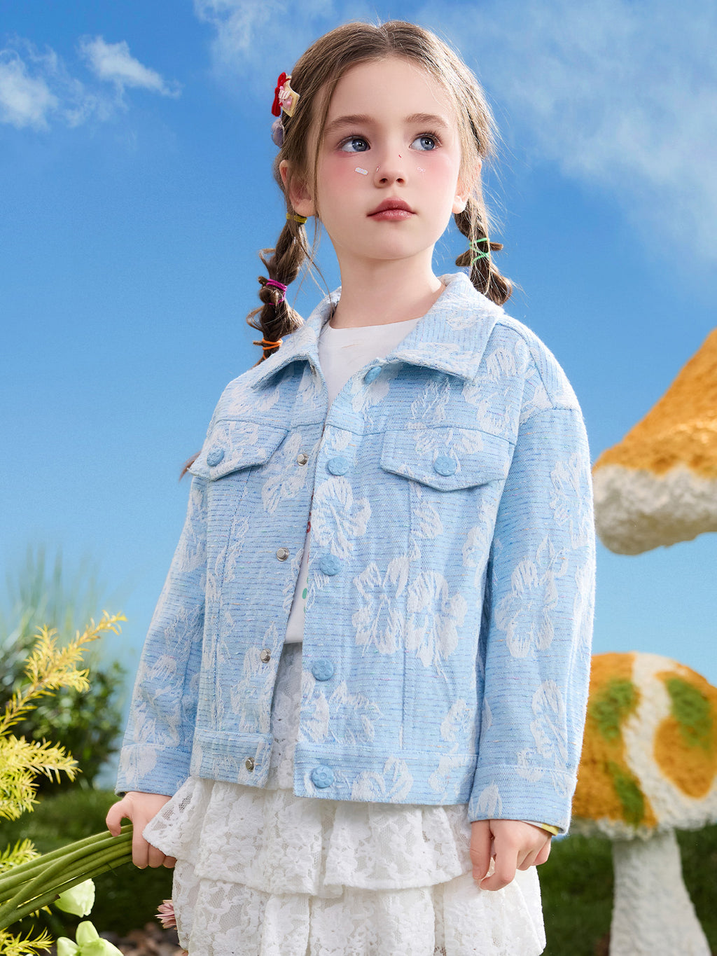 Kinder Mädchen Jeansmäntel, Bunte 3D-Blumen Jacquard Revers Denim Oberbekleidung