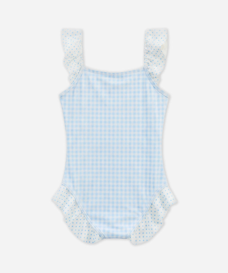 Polka Dot & Checkerboard Color Block One Piece Kids Girls Swimsuit