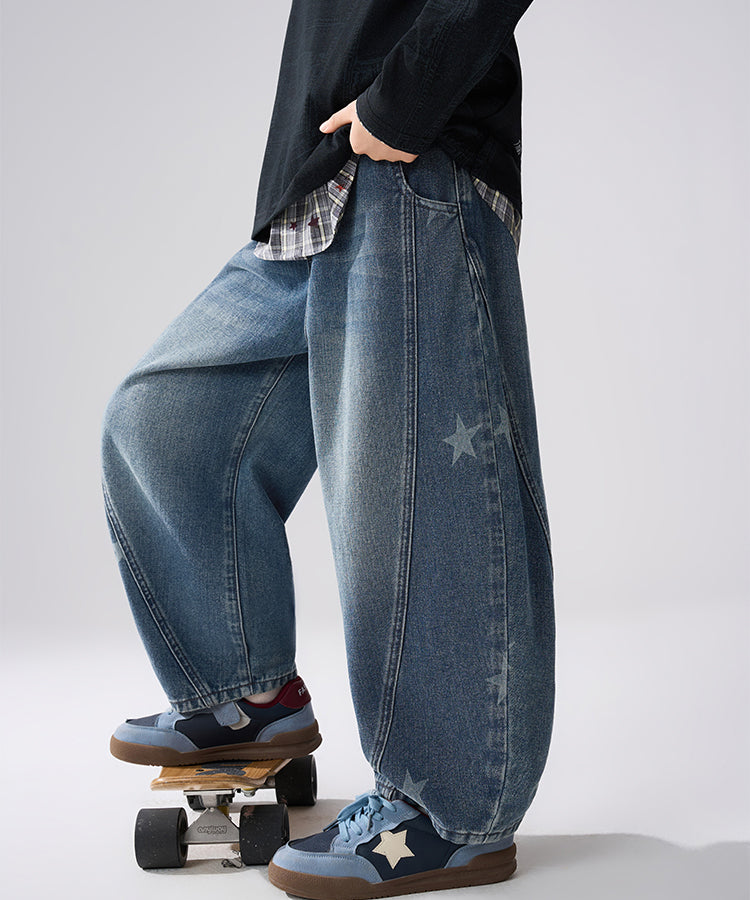 Boys Washed Denim Jeans | Star Print Curved Leg Pants for Kids