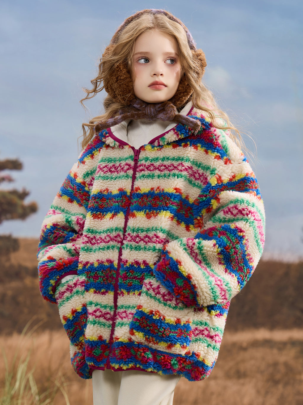 Hooded Teddy Fleece Fairisle Jacket