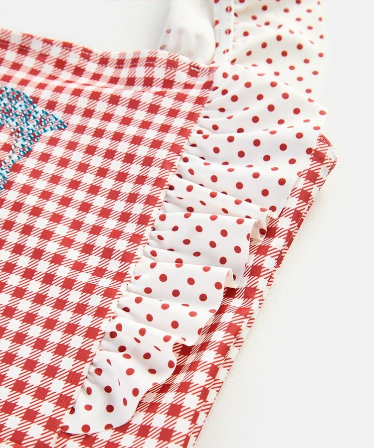 Polka Dot & Checkerboard Color Block One Piece Kids Girls Swimsuit