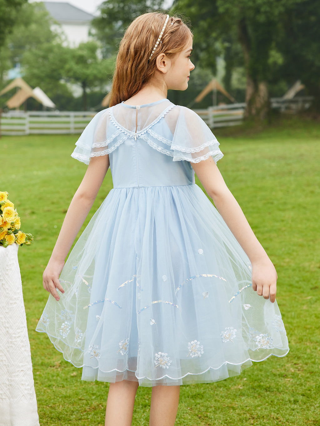 Soft Mesh Shawl Sleeve Kids Dress Girls Sequin Embroidery Princess Casual Party Dress