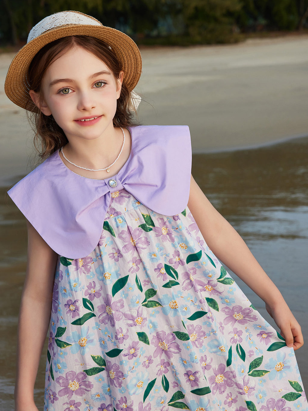 Big Lapel Full Floral Print Kids Dress 100% Cotton Sweet Sleeveless Girls Dress