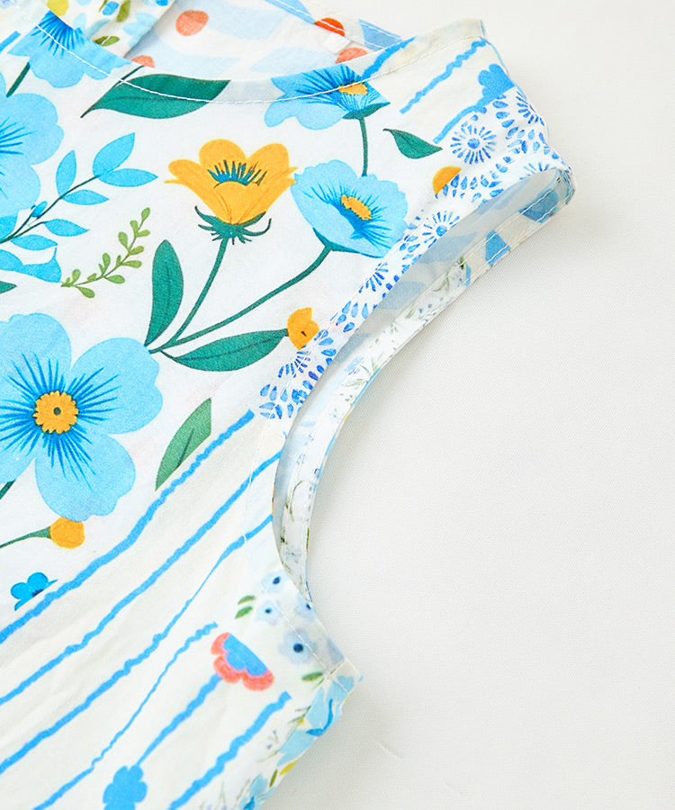 Fresh Pastoral Floral Print Kids Dress 100% Cotton Round Neck Sleeveless Girls Dress