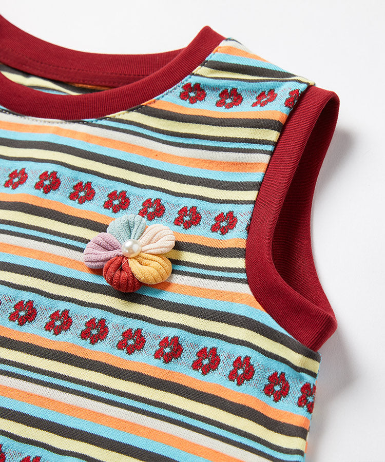 Rainbow Color Block Kids Dress 3D Flower Sleeveless Girls Casual Dress