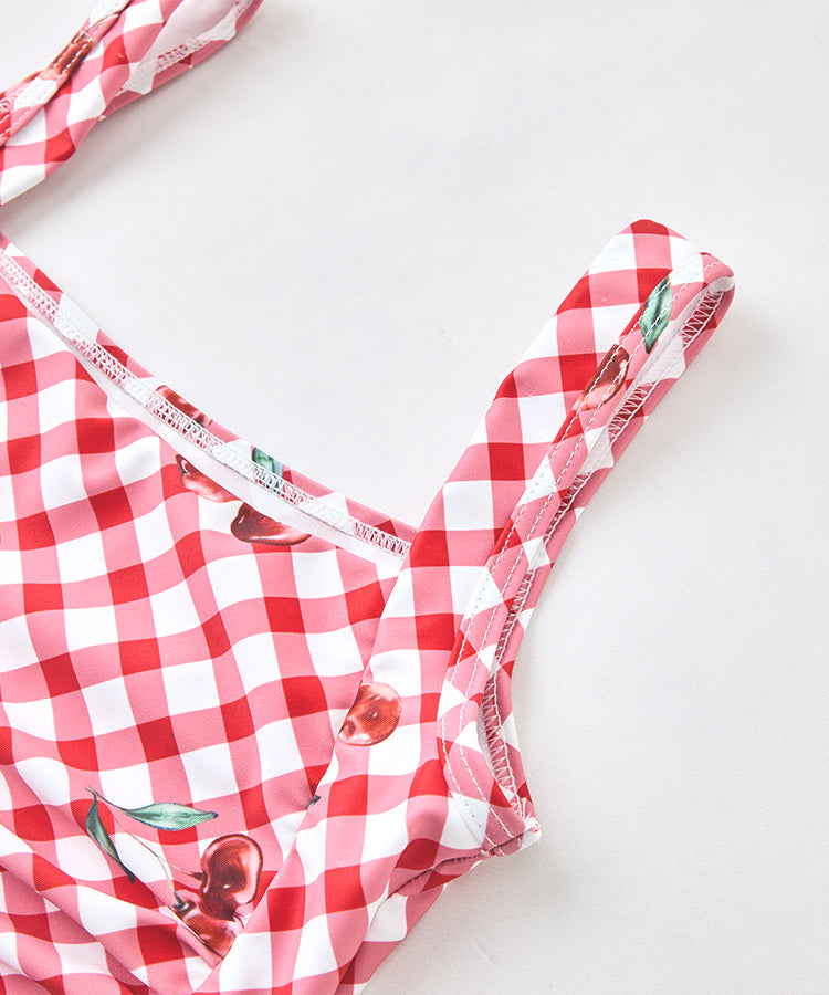 Cherry Print Cami One-Piece Kids Girls Swim Dress With Swim Cap