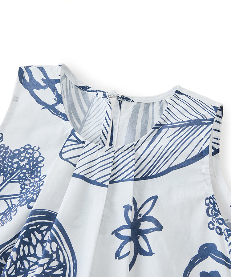 100% Cotton Plant Print Kids Dress Pleated Pocket Casual Girls Dress